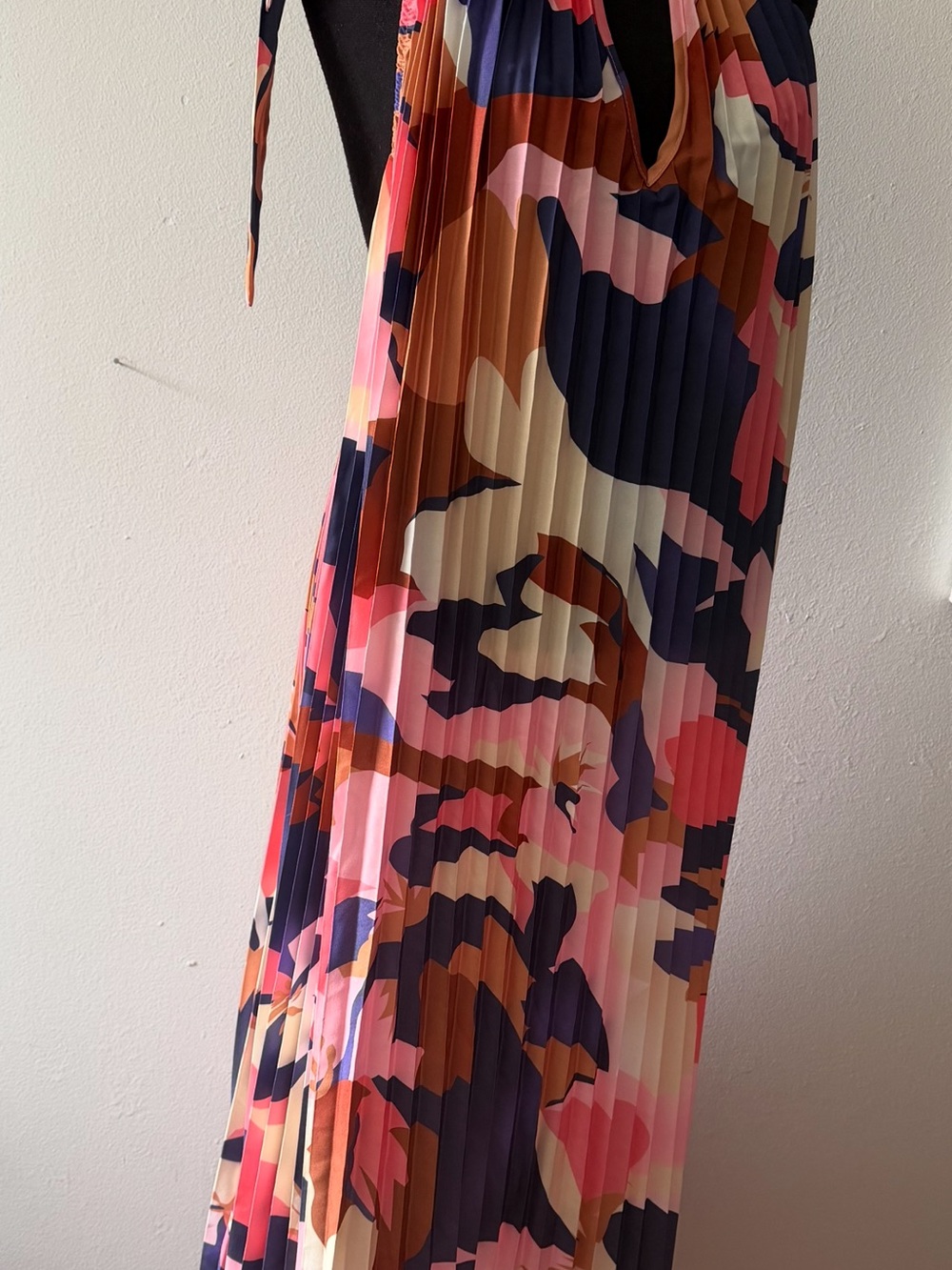 Pleated Maxi Skirt in Pink, Navy & Brown Abstract Print